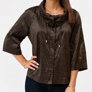 Chicos Brown Metallic Jacket Womens Size 1 Medium 3/4 Sleeve‎ Funnel Neck